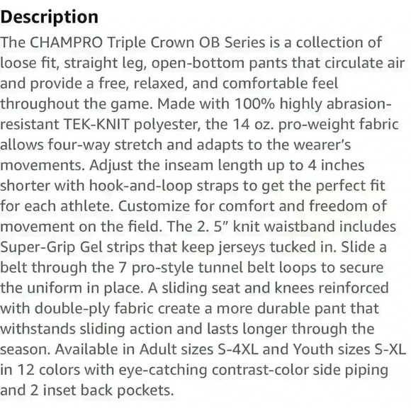 NWT Champro ⚾️⚾️ Adult Baseball Pants Adults Size XL - Picture 11 of 14